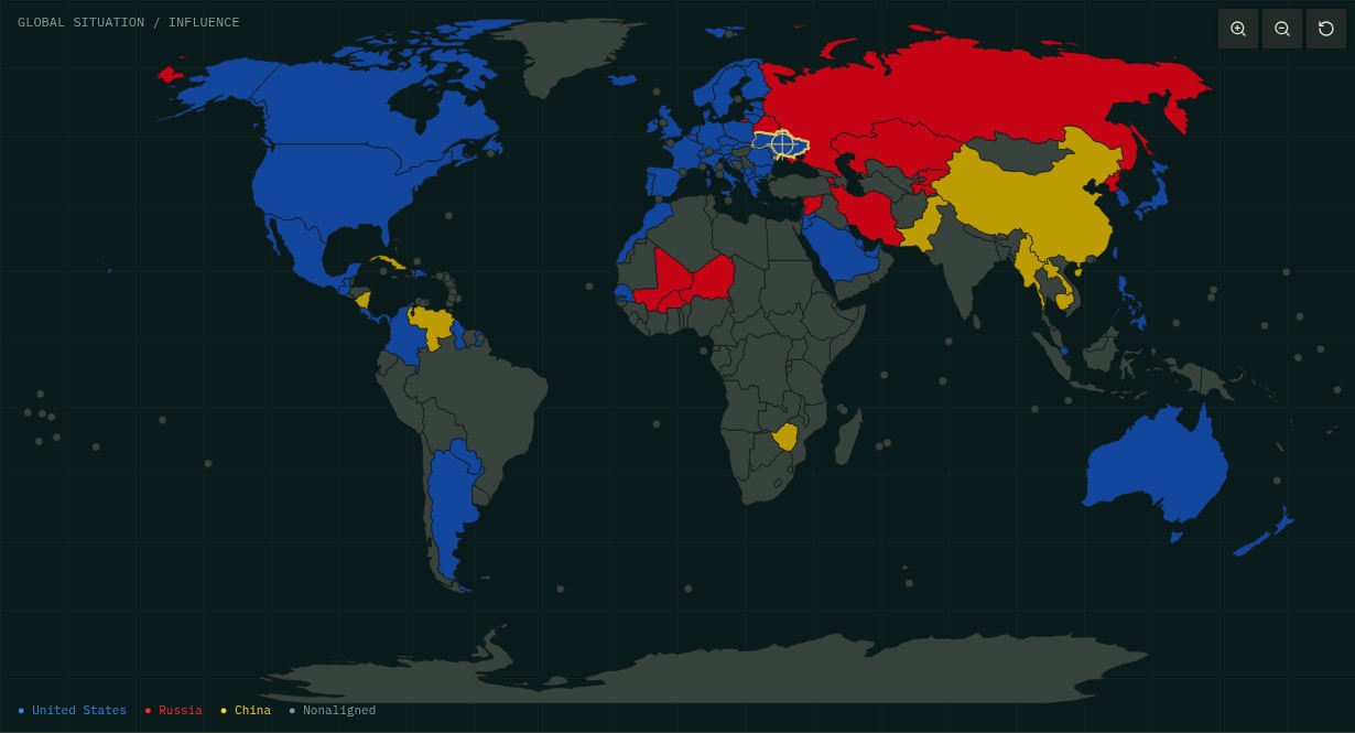 The game's world map showing United States, Russian and Chinese spheres of influence